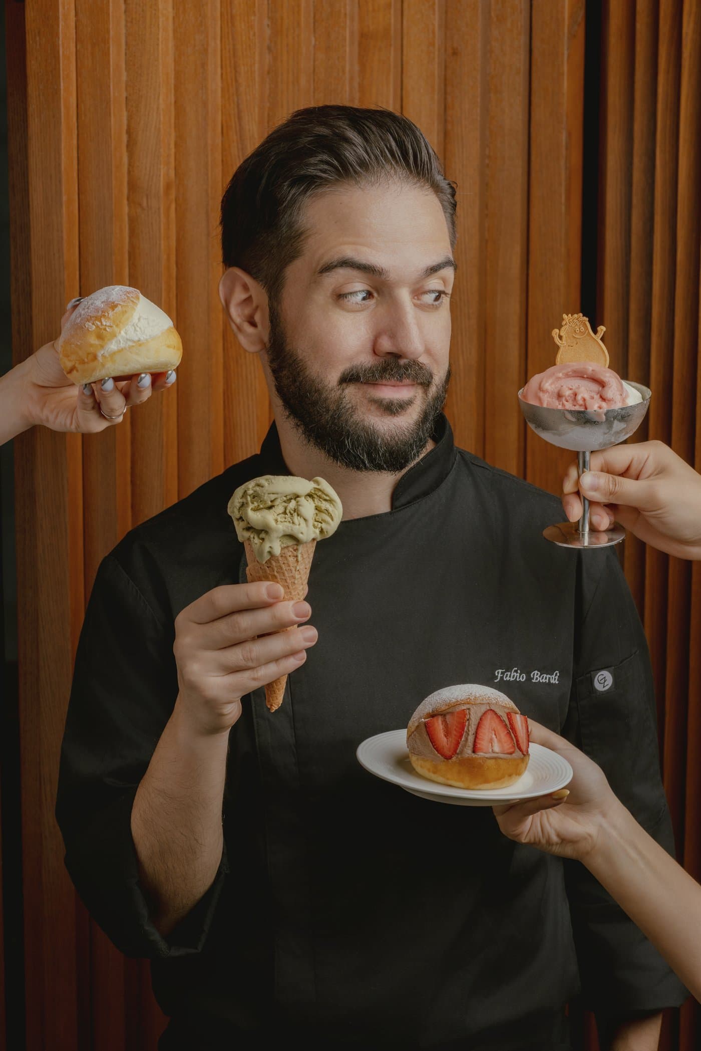 Fabio Bardi surrounded by his signature creations